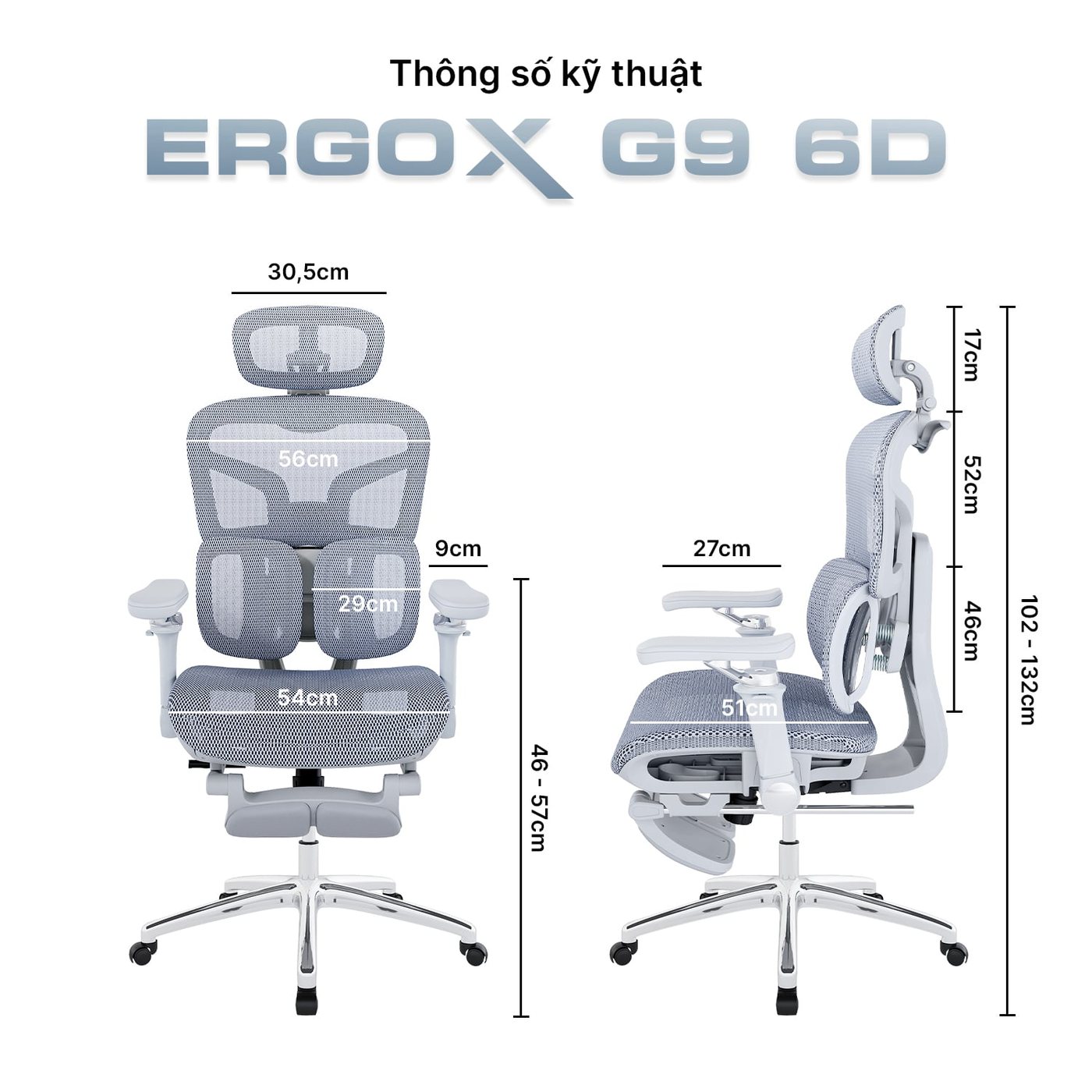 Kích thước: mặt ngồi 46 đến 57 cm