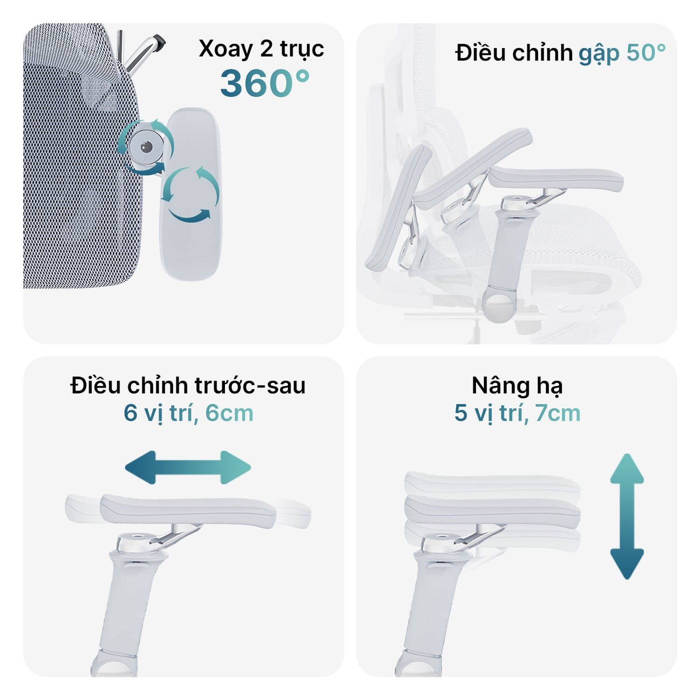 Tựa đầu xoay 170°, tay vịn 6D xoay tròn 360°