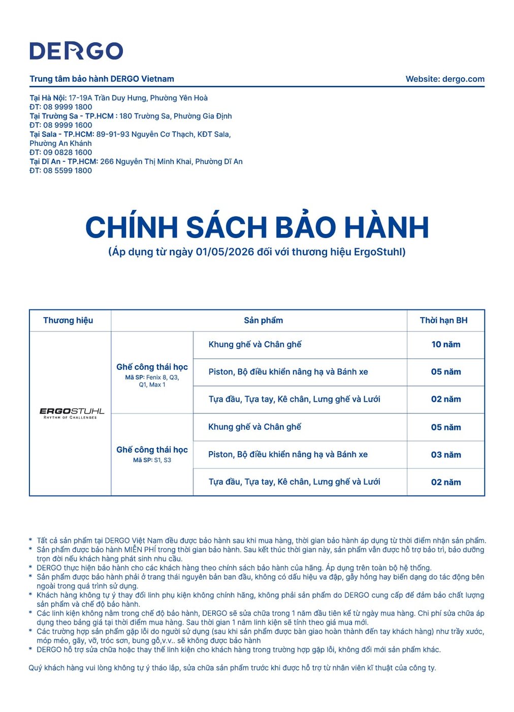 Bảo hành ghi 5 năm, nhưng chia làm ba mức