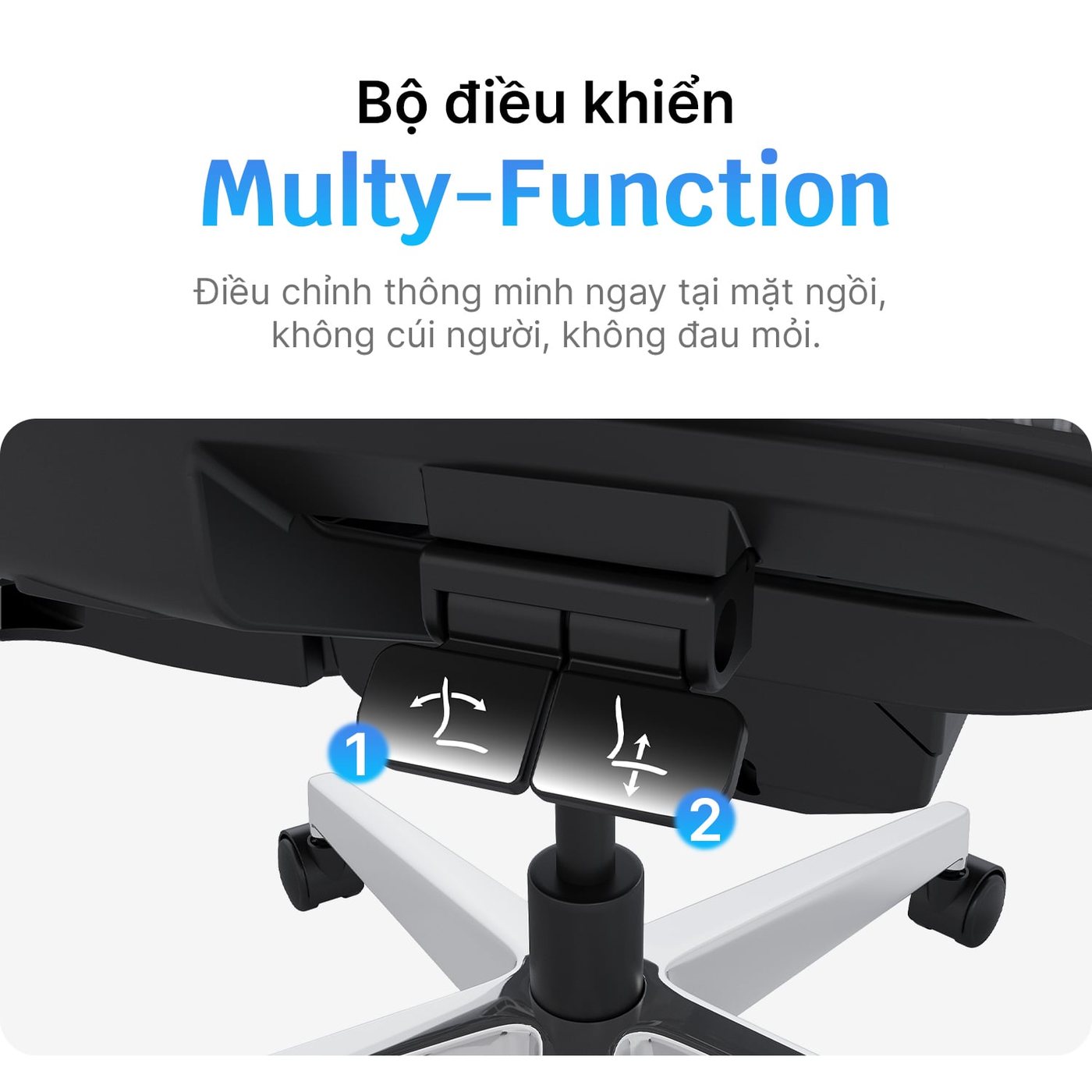 Mâm trượt, kê chân gập và cần chỉnh gom dưới mặt ngồi