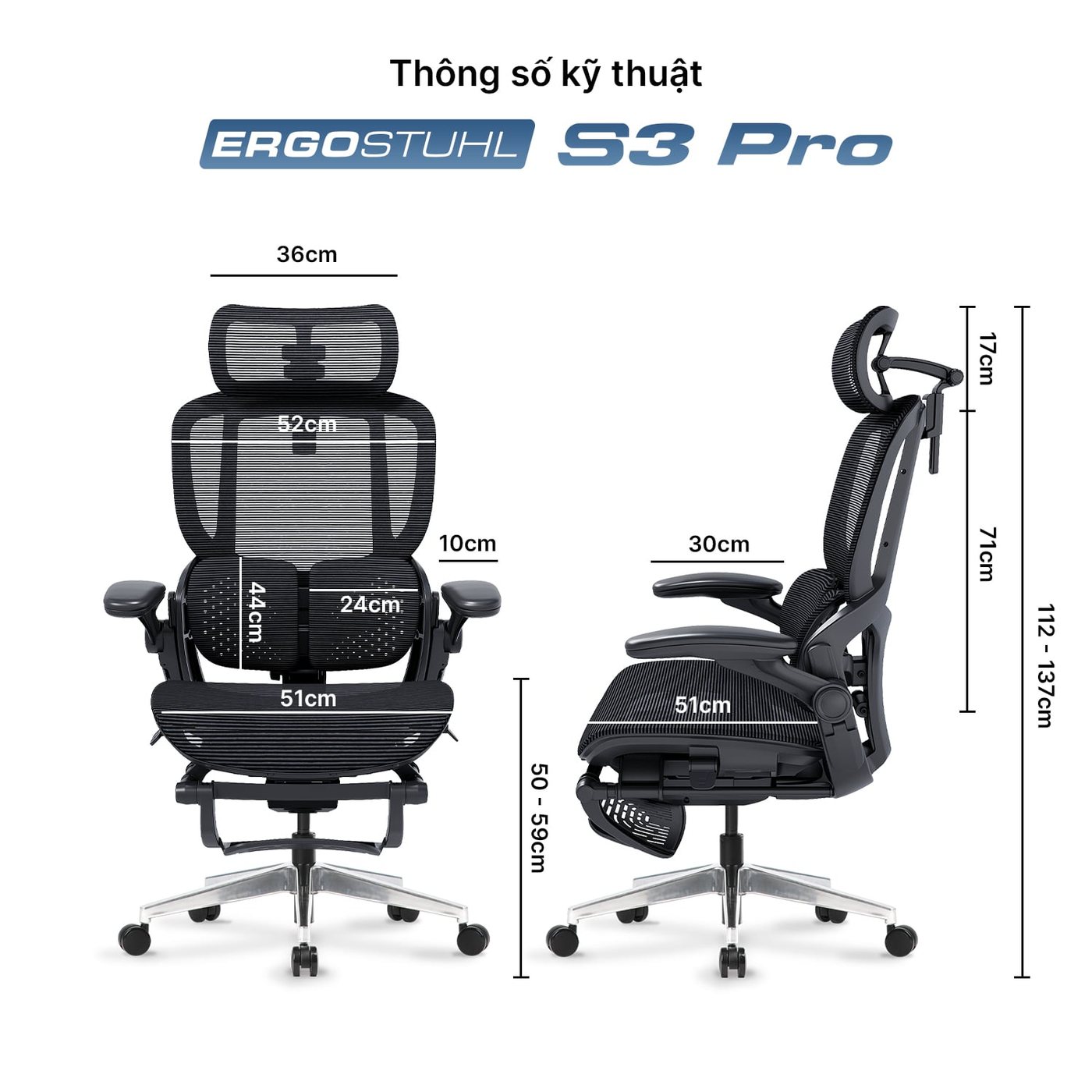 Kích thước: mặt ngồi 50 đến 59 cm