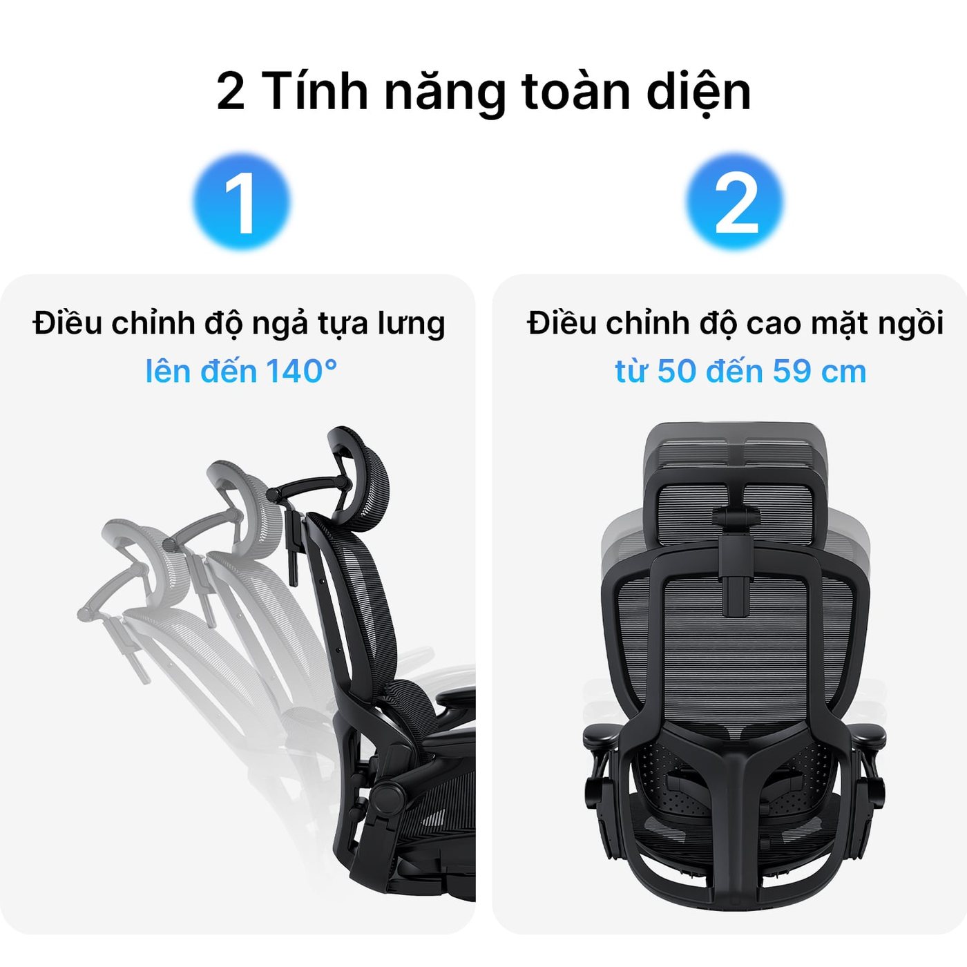 Ngả tới 140°, khoá 4 nấc