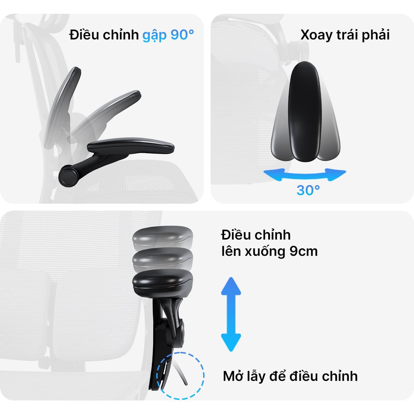 Tựa đầu xoay 120°, tay vịn gập hẳn 90°