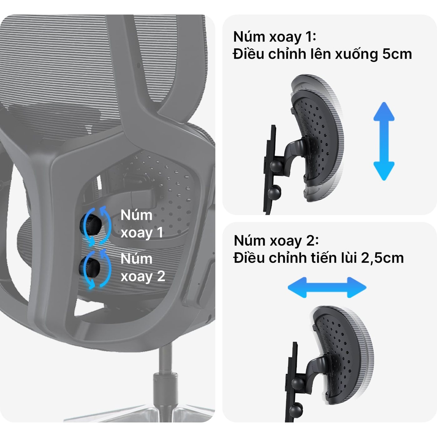 Tựa thắt lưng chỉnh bằng hai núm xoay
