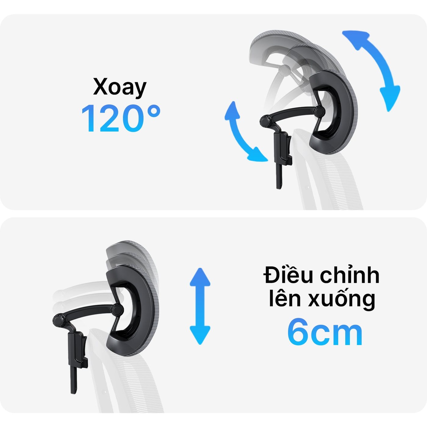 Tựa đầu xoay 120°, tay vịn gập hẳn 90°