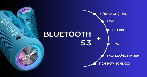 Bluetooth 5.3, 24 W, pin 30 giờ, chống nước IPX7