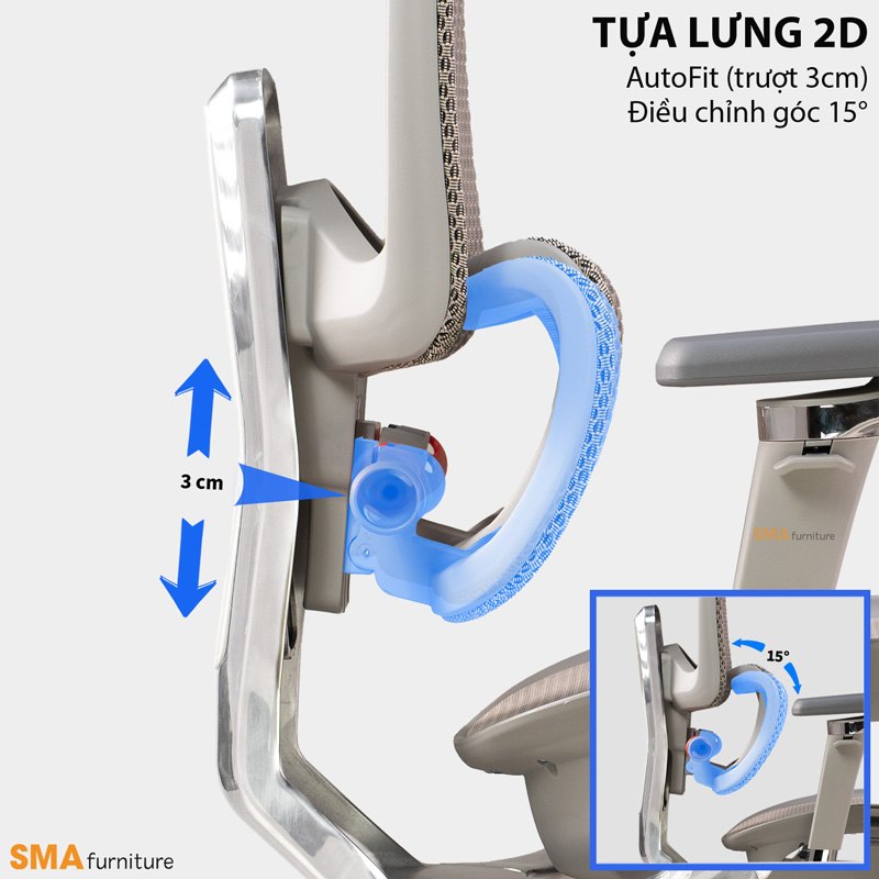 Tựa lưng 2D AutoFit, đệm thắt lưng trượt 3 cm
