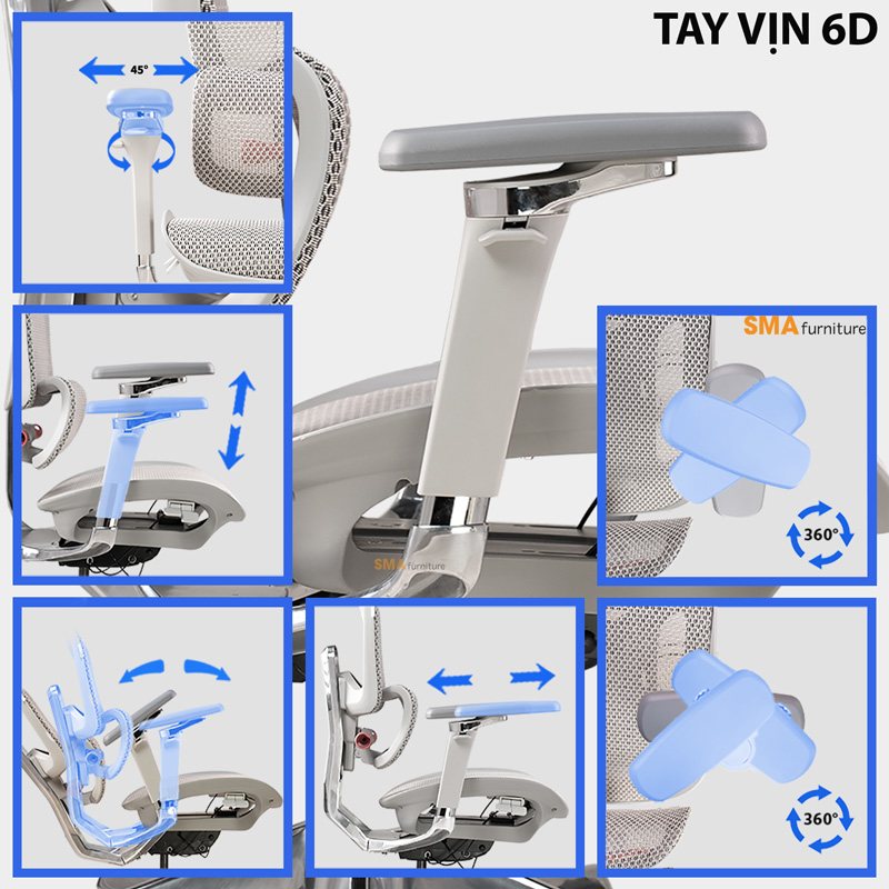 Tay vịn 6D đúc liền lưng, tựa đầu 4D