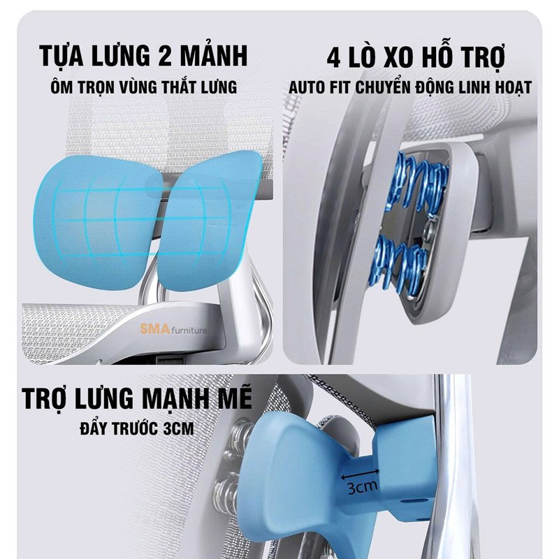 Tựa lưng hai mảnh và đệm thắt lưng đẩy trước 3 cm