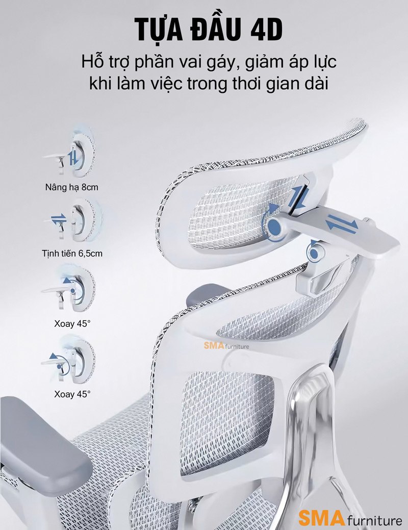 Tựa đầu 4D: nâng hạ, tịnh tiến, xoay hai chiều