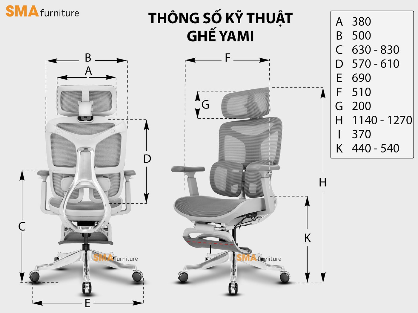 Kích thước: lưng cao 57 đến 61 cm, chân đế rộng 69 cm