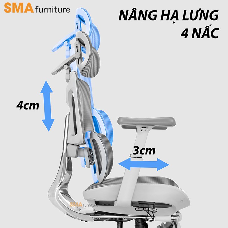 Lưng hai mảnh, bốn lò xo, nâng hạ 4 nấc