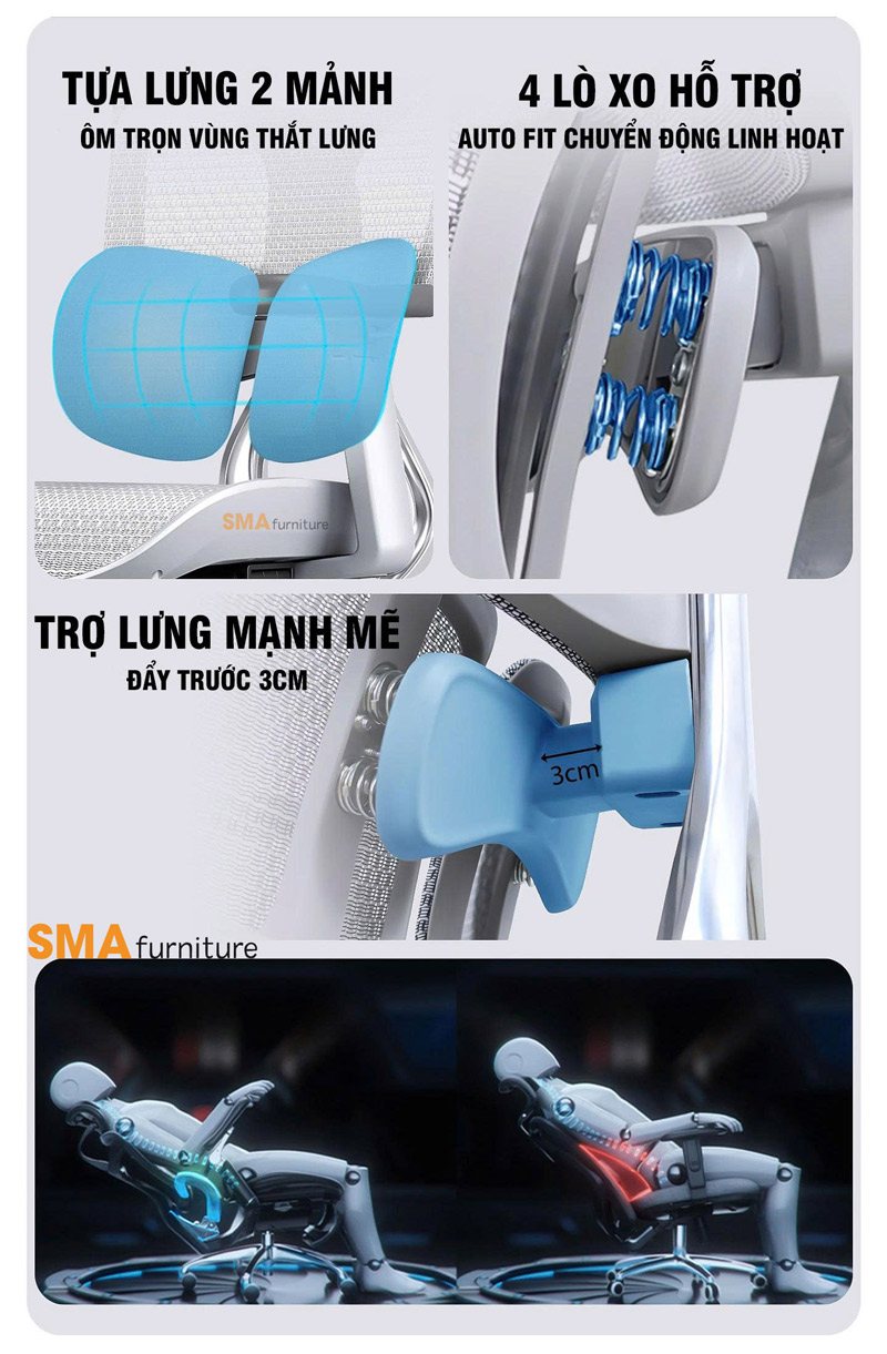 Lưng hai mảnh, bốn lò xo, nâng hạ 4 nấc